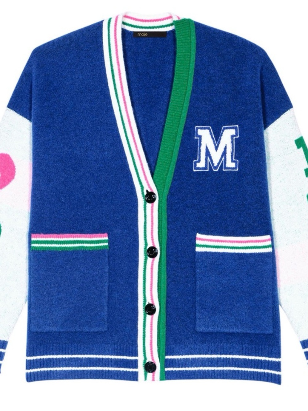 Maje Varsity Logo-Appliqué Cardigan Wool Blend Blue Size 2 (US 6/8 M) $445